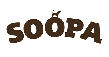 Brown dog-shaped sticker on Soopa logo for natural dog chews