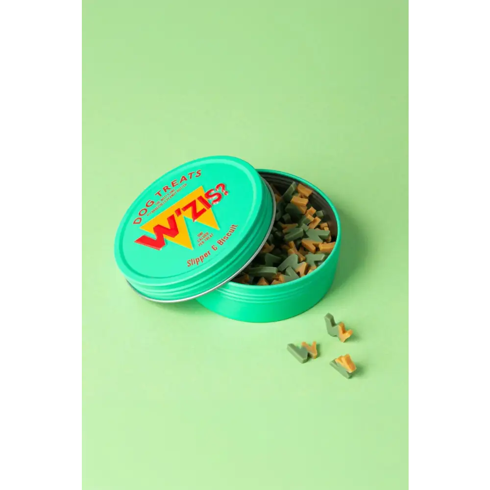 Green wzis tin with alphabet vegan dog treats, eco-friendly snacks