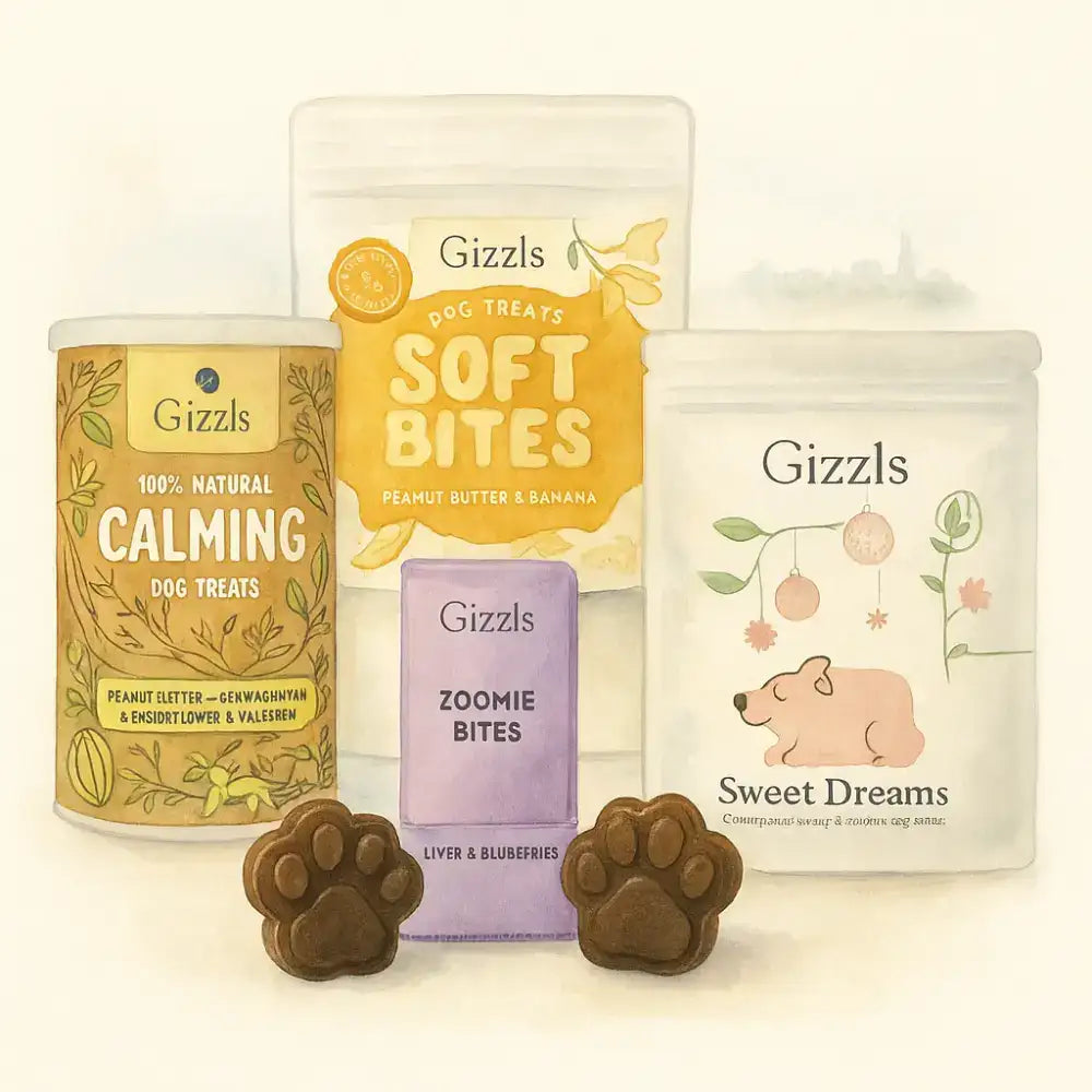 100% natural calming dog treats in paw-shaped form, peanut butter and chamomile flavor.