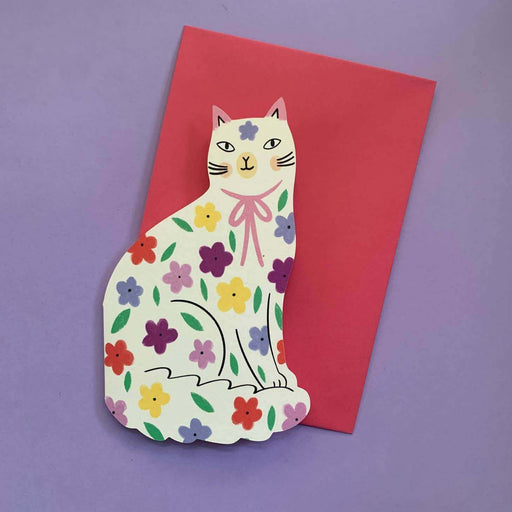 Sitting Kitty Floral Shaped Greeting Card