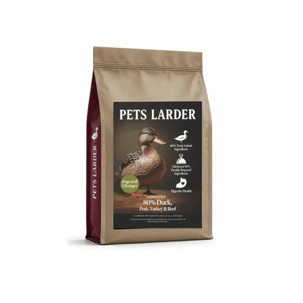 Pet food package with a duck illustration and 'Pets Larder' branding on a white background