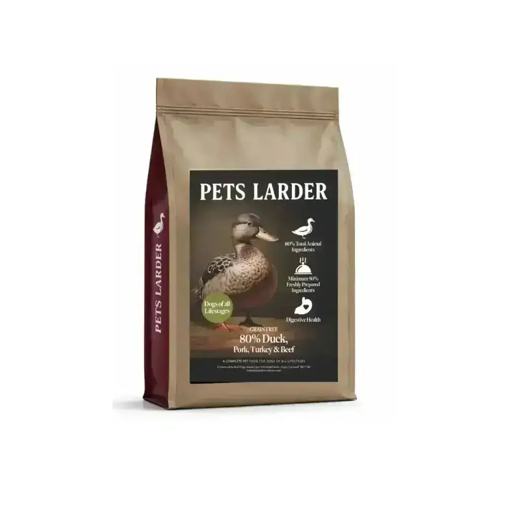 Pet food package with a duck illustration and 'Pets Larder' branding on a white background