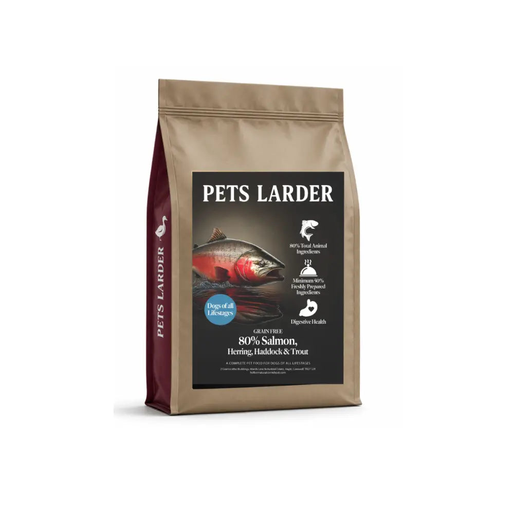 Pet food package from Pets Larder on a white background