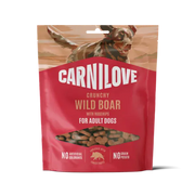Carnilove crunchy wild boar dog food package on a white background