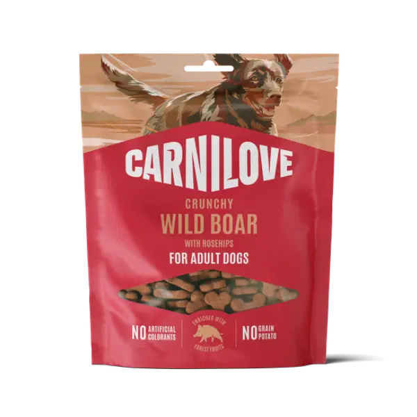 Carnilove crunchy wild boar dog food package on a white background