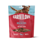 CarniLove dog food package with a dog on a blue background