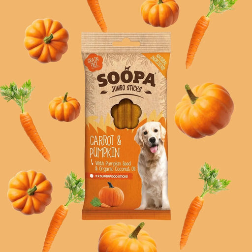 Soopa Dog Chews Carrot & Pumpkin Jumbo Sticks Natural Low Fat Dog Chews Made From Fruit And Vegetables.