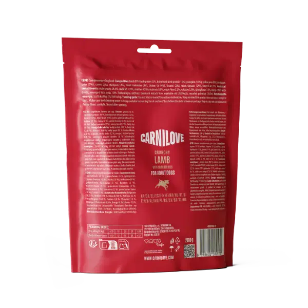 Carnilove crunchy lamb with cranberries dog food package on a white background