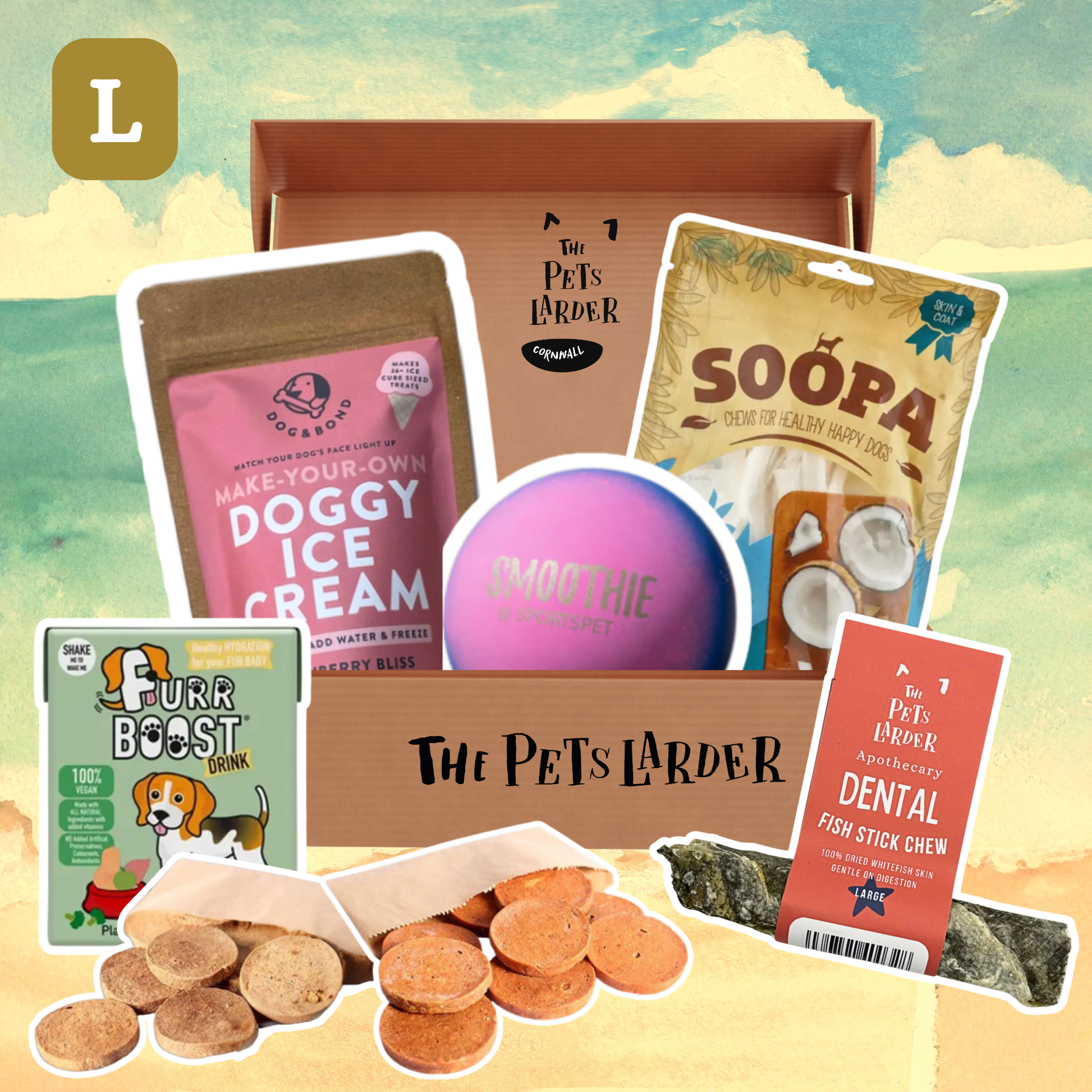 Collection of pet products from 'The Pets Larder' with various items displayed against a scenic background.