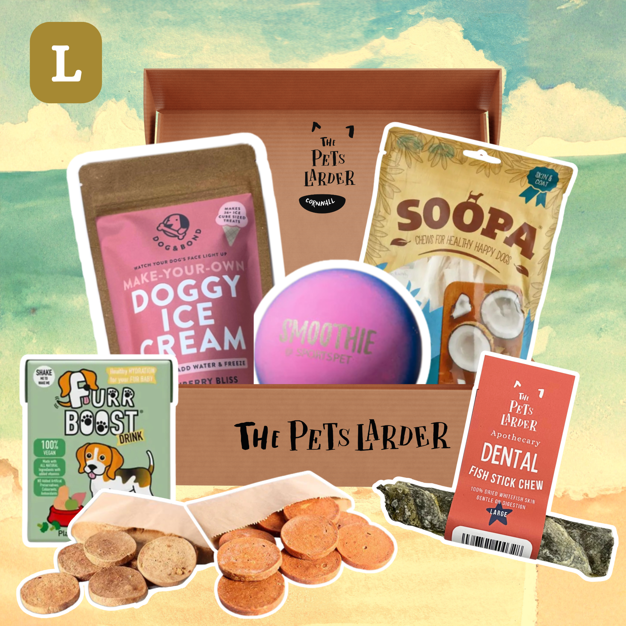 Collection of pet products from 'The Pets Larder' with various items displayed against a scenic background.
