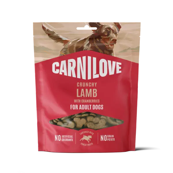 Carnilove crunchy lamb with cranberries dog food package on a white background