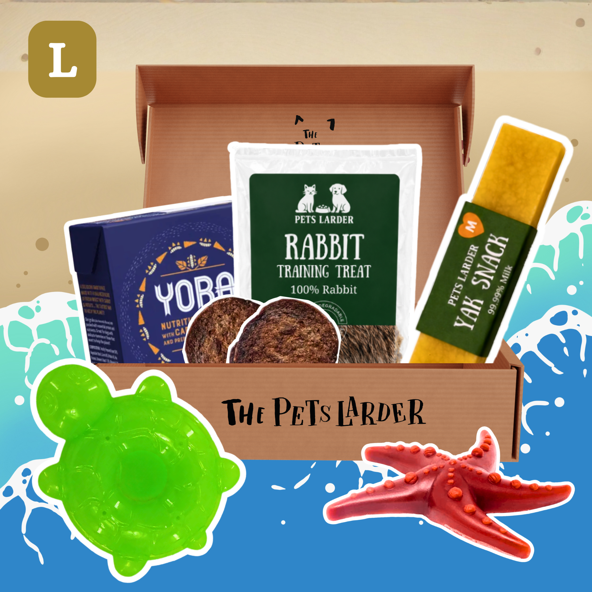 Monthly Treat Box for Dogs July on a summery background