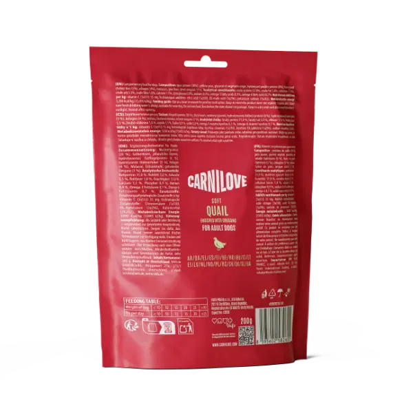 Carnilove soft quail dog food package on a white background