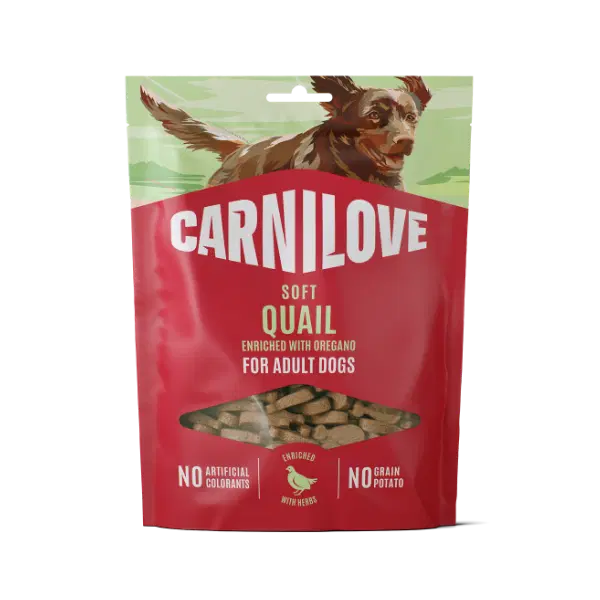 Carnilove soft quail dog food package on a white background