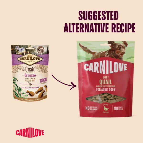 Two Carnilove dog food packages with an arrow pointing from one to the other on a beige background.