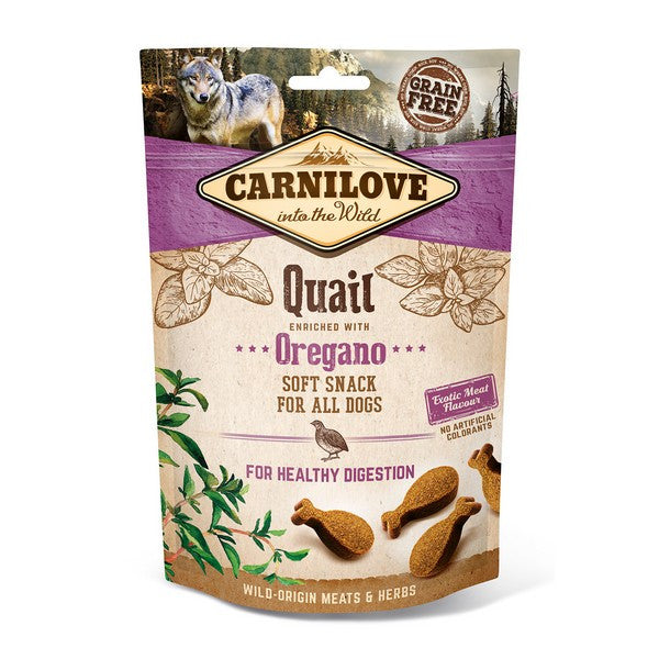 Carnilove dog treat package with quail flavour on a white background