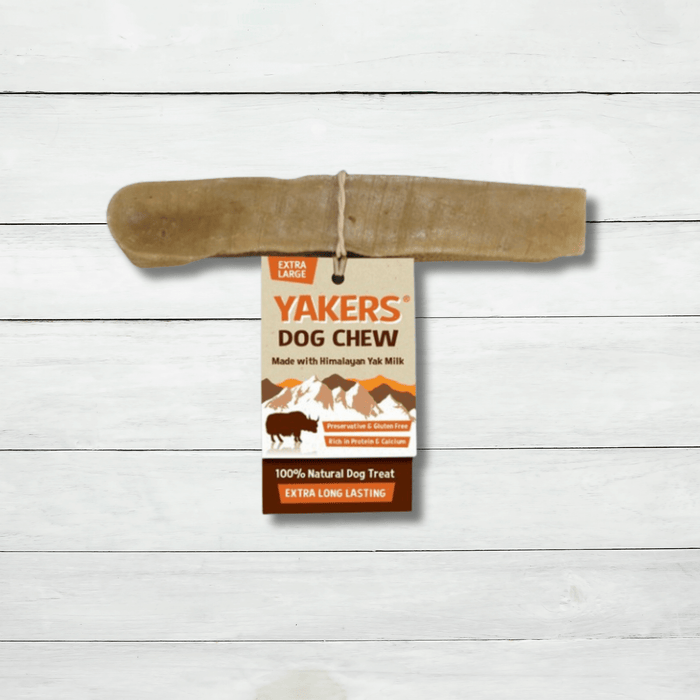 An XLYak Chew For Dogs sits on a white rustic background. These chews can be bought at The Pets Larder natural pet store