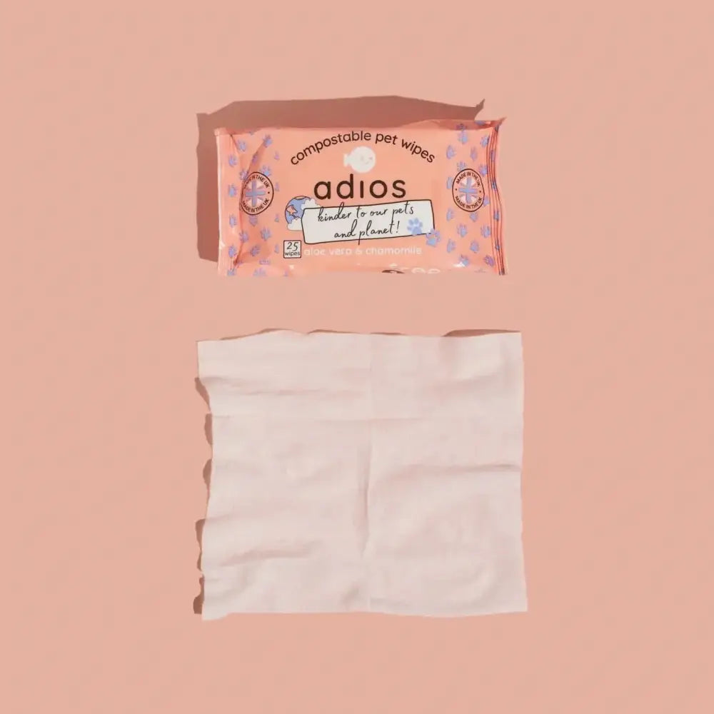 Adios Compostable Pet Wipes in peach white floral packaging, plastic free grooming