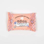 Adios compostable pet wipes in peach with blue floral accents and white paw print