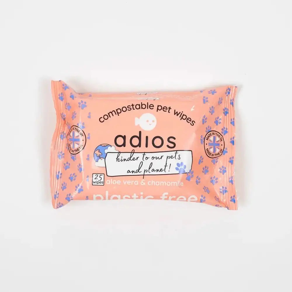 Adios compostable pet wipes in peach with blue floral accents and white paw print