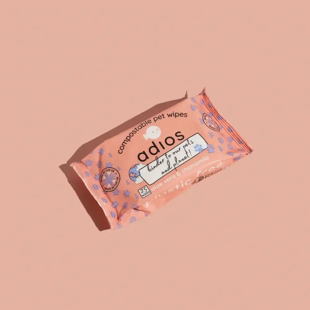Pink Adios Compostable Pet Wipes package with floral design
