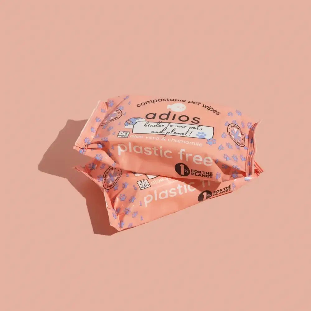 Adios plastic-free compostable pet grooming wipes, pink with blue floral accents, 25 count