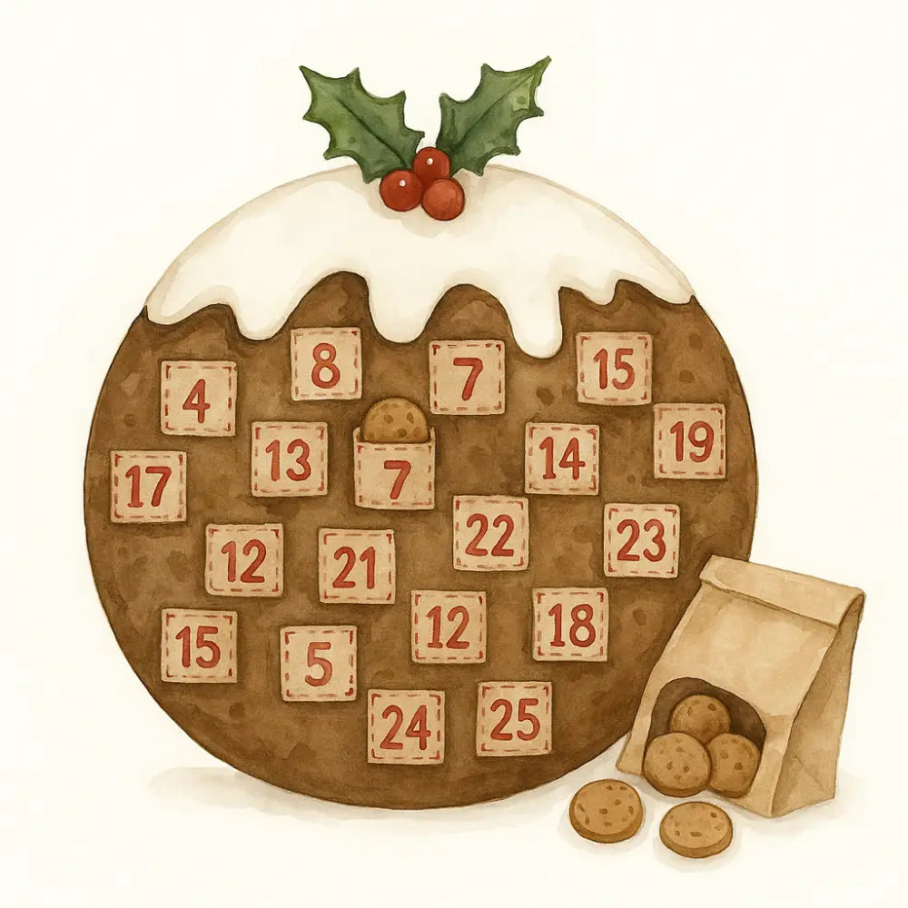 Chocolate advent calendar with holly, berries, white icing, and Cornish cookie fillings