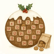 Chocolate advent calendar with holly, berries, white icing, and Cornish cookie fillings