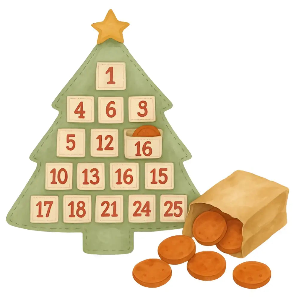 Green advent calendar tree with meat coins for pets