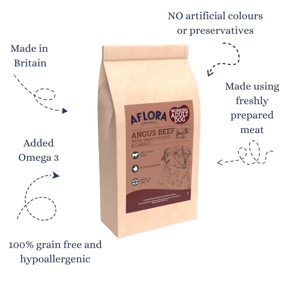 Aflora Angus Beef Grain Free Dog Food bag with beige and brown label for healthy, free beef nutrition