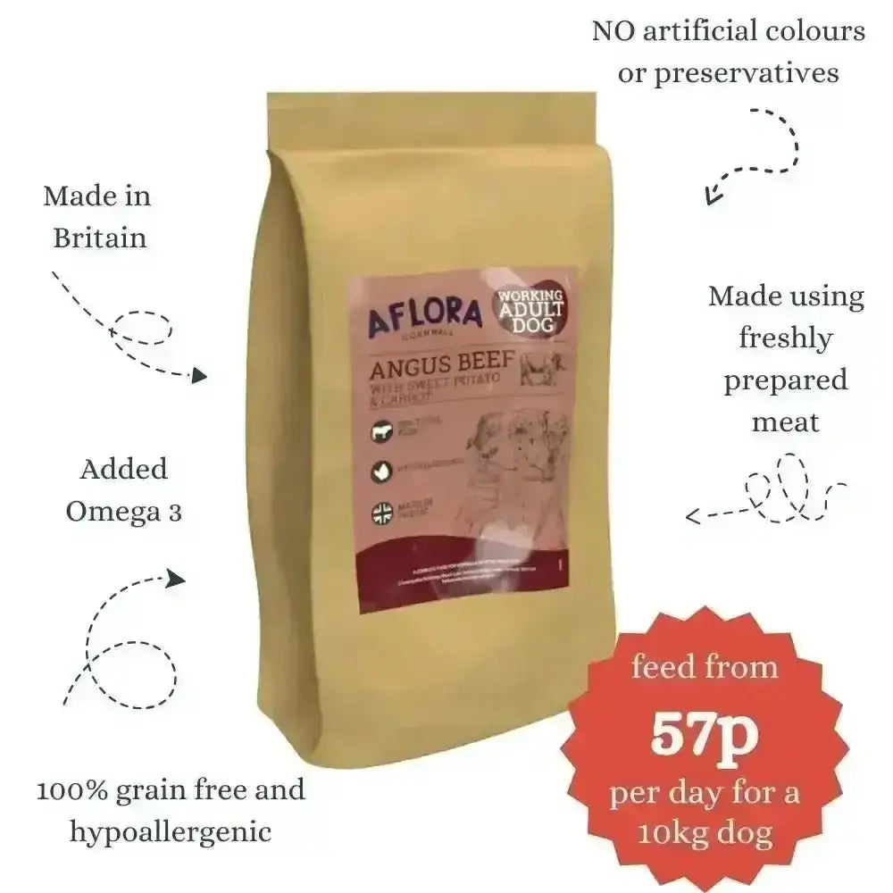 Aflora Angus Beef Grain Free Dog Food bag showing hypoallergenic, grain free beef with omega 3