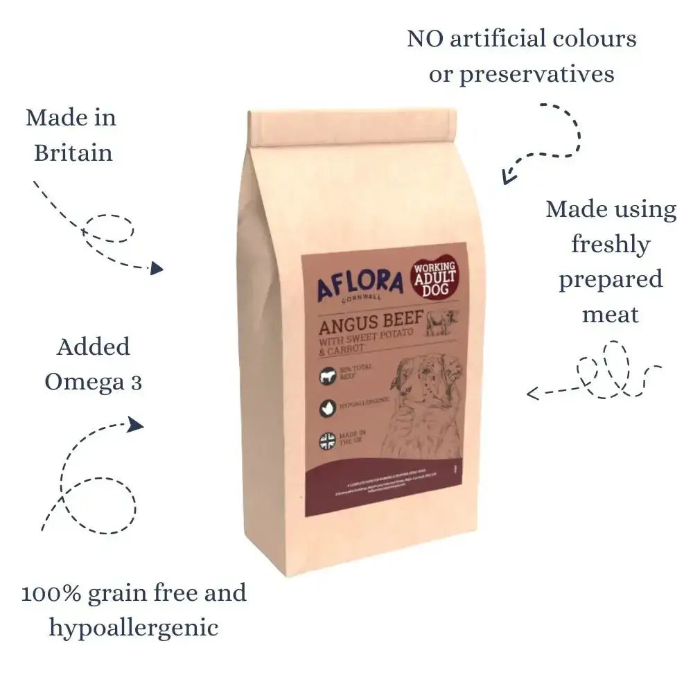 Aflora Angus Beef Grain Free Dog Food bag with beige and brown label for healthy, free beef nutrition