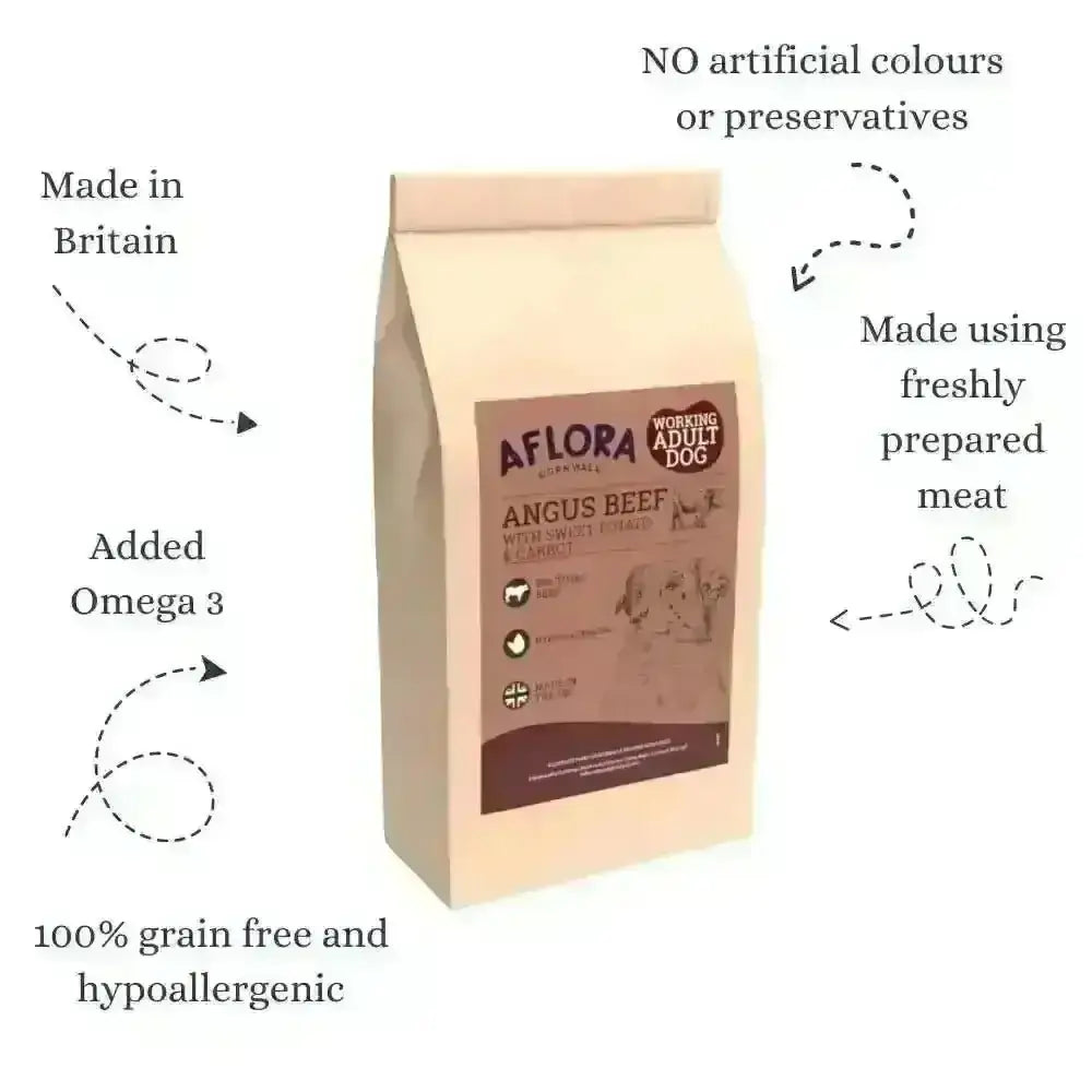 Aflora Angus Beef Grain Free Dog Food bag with beige and brown label for healthy, free beef nutrition