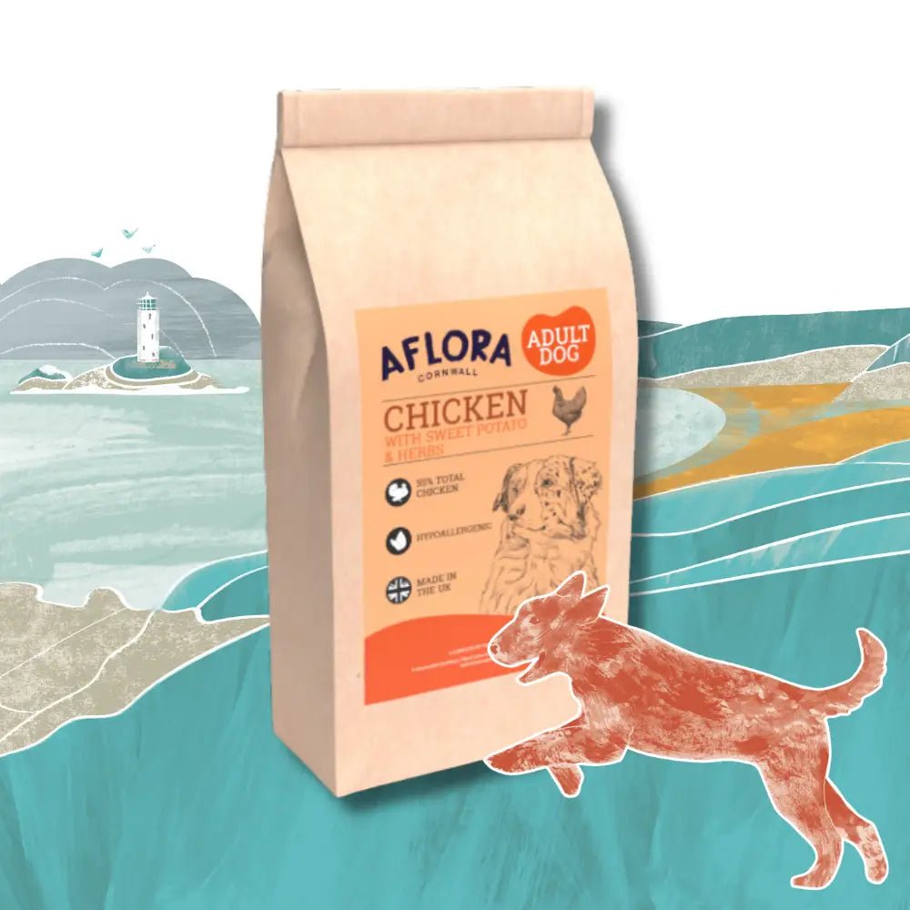 Aflora Chicken Grain Free Dog Food bag featuring grain free chicken for adult dogs