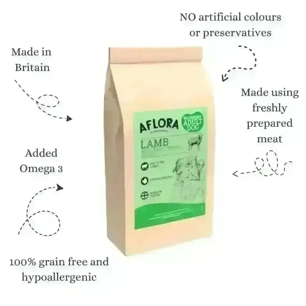 Aflora Lamb Grain Free Dog Food bag with green label and deer illustration