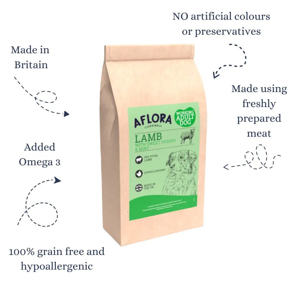 Aflora Lamb Grain Free Dog Food bag with green label and deer illustration