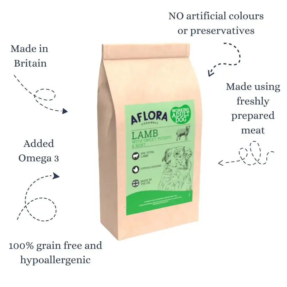Aflora Lamb Grain Free Dog Food bag with green label and deer illustration
