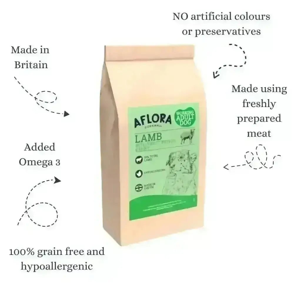 Aflora Lamb Grain Free Dog Food bag with green label and deer illustration