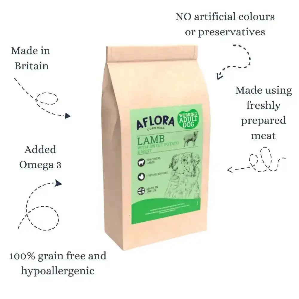 Aflora Lamb Grain Free Dog Food bag with green label and deer illustration