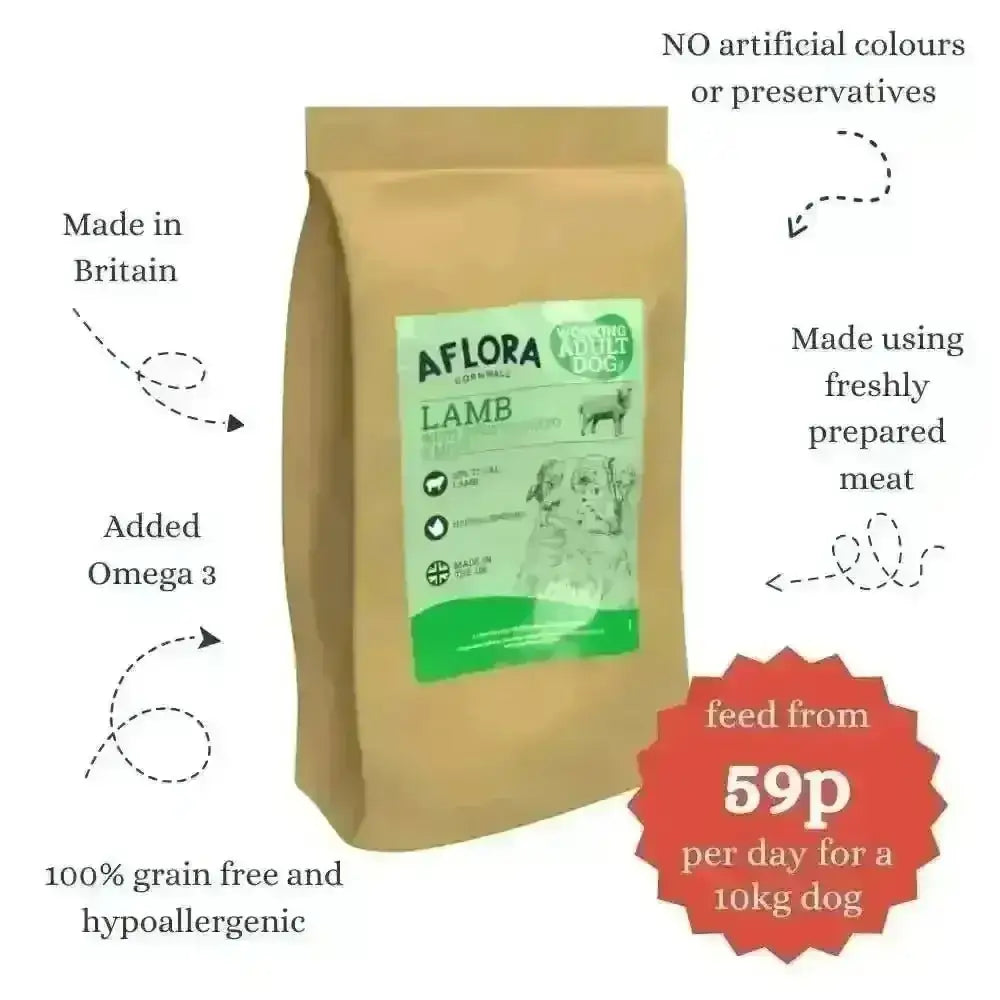 Aflora Lamb Grain Free Dog Food bag made in Britain with omega 3 and hypoallergenic ingredients