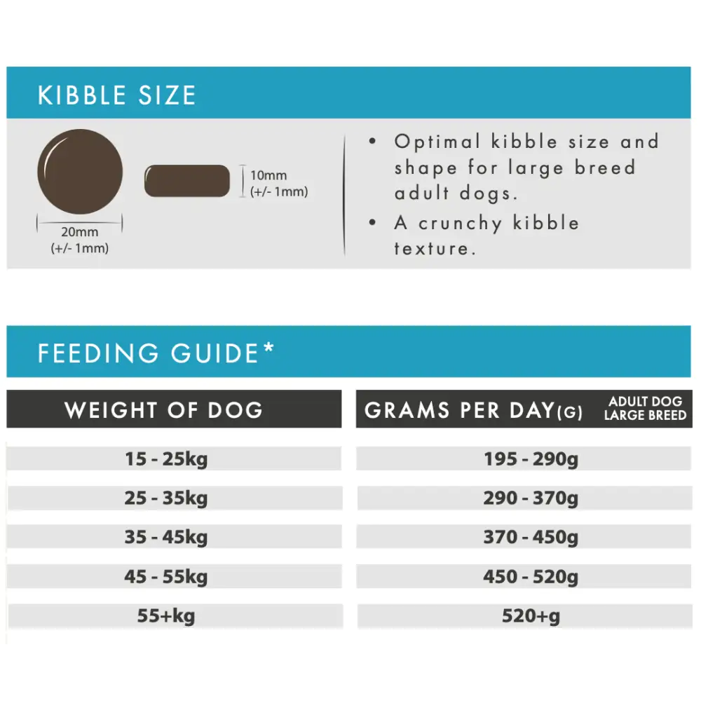 Brown grain free dog food kibble with crunchy texture for large breeds, including sweet potato