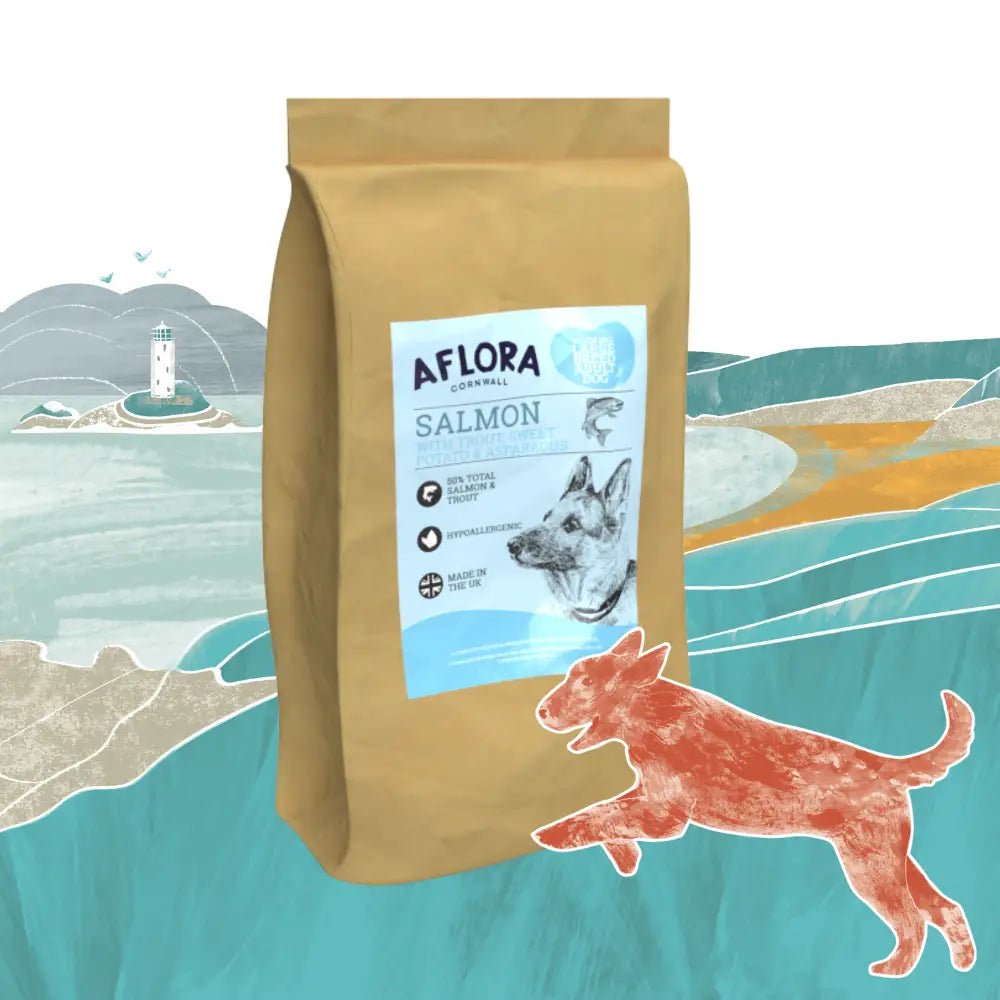 Salmon-colored bag of Aflora Large Breed Salmon & Trout 15kg grain free dog food with German Shepherd image