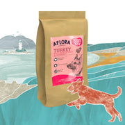 Aflora Large Breed Turkey Grain Free Dog Food 15kg bag with sweet potato, sulphate monohydrate, brown pink label, dog illustration