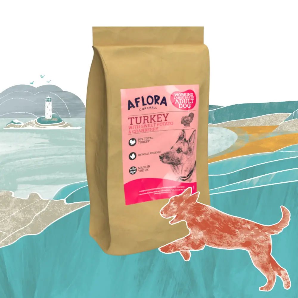 Aflora Large Breed Turkey Grain Free Dog Food 15kg bag with sweet potato, sulphate monohydrate, brown pink label, dog illustration