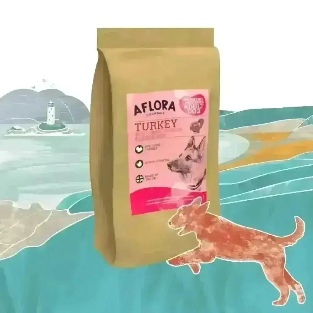 Aflora Large Breed Turkey Grain Free Dog Food 15kg bag with sweet potato, sulphate monohydrate, brown pink label, dog illustration