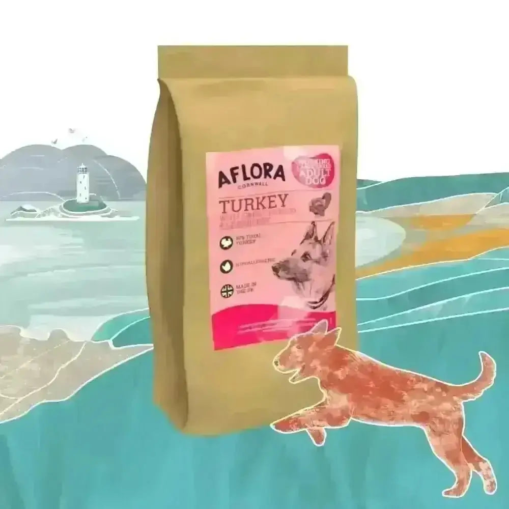 Aflora Large Breed Turkey Grain Free Dog Food 15kg bag with sweet potato, sulphate monohydrate, brown pink label, dog illustration