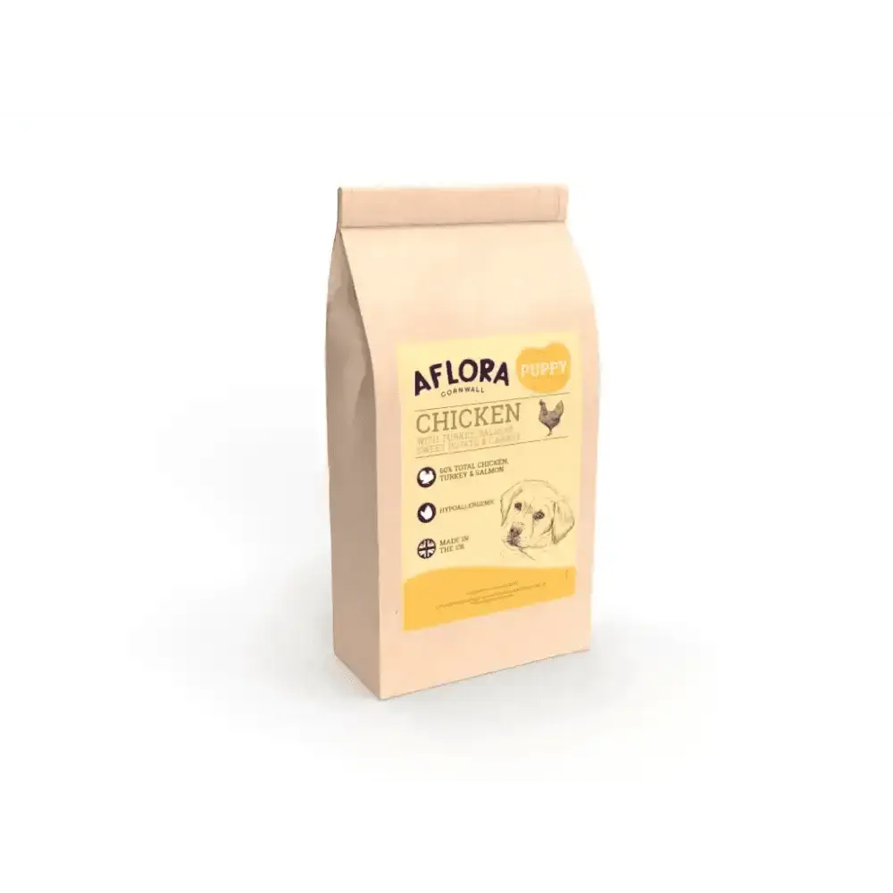 Aflora Puppy Chicken with Turkey grain free puppy food bag featuring puppy chicken and sweet potato