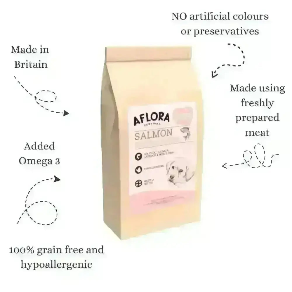 Salmon-colored bag of Aflora Puppy Salmon with Haddock grain free hypoallergenic puppy food from Britain