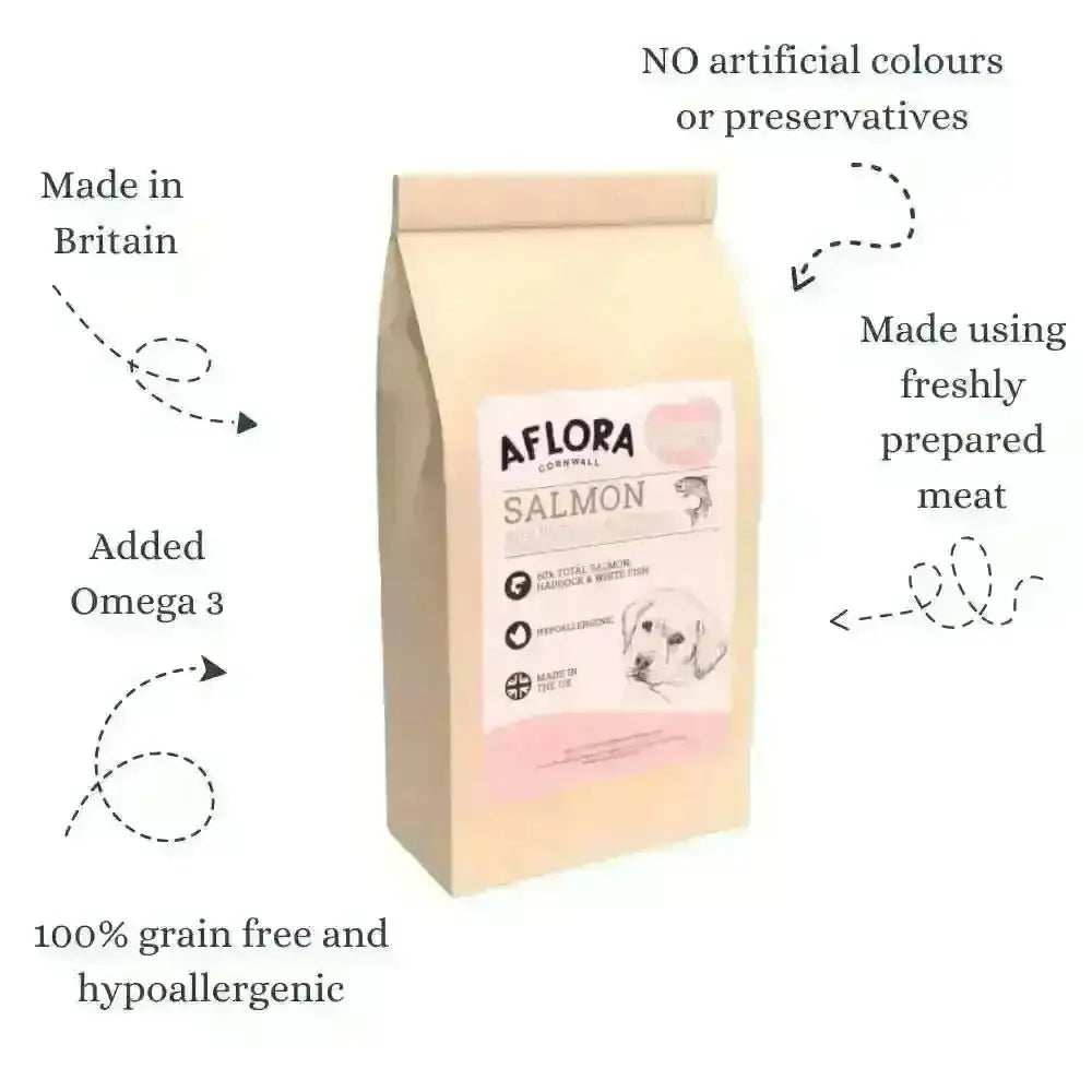 Salmon-colored bag of Aflora Puppy Salmon with Haddock grain free hypoallergenic puppy food from Britain