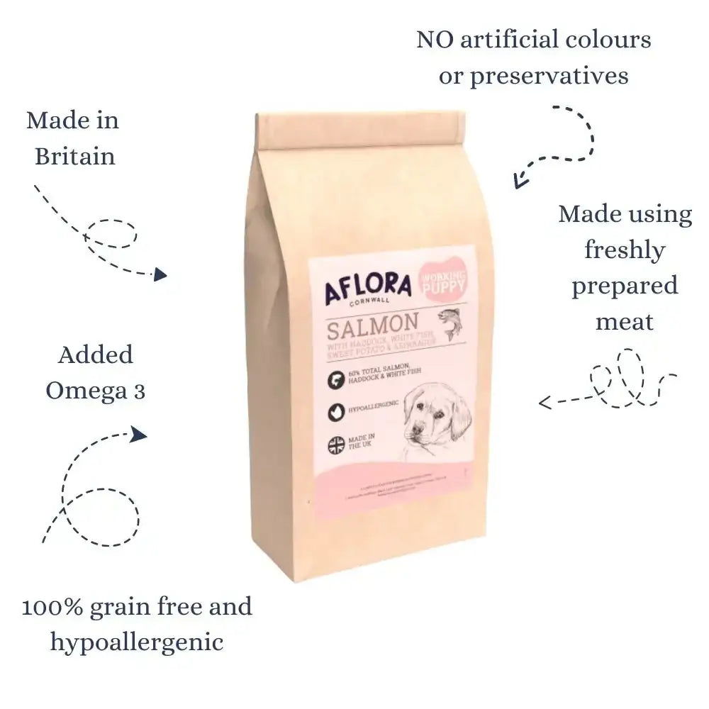Salmon-colored bag of Aflora Puppy Salmon with Haddock grain free hypoallergenic puppy food from Britain